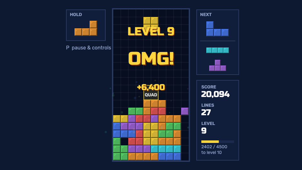 Stackfall gameplay, clearing four lines at level 9
